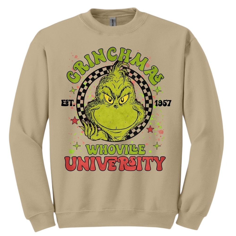 Grinchmas Whoville University Crewneck Gildan‎ Sweatshirt Beige Christmas Small